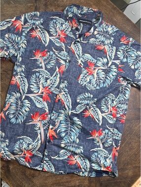 Molokai Surf Co. boho navy blue & red floral pattern cotton button down polo XXL